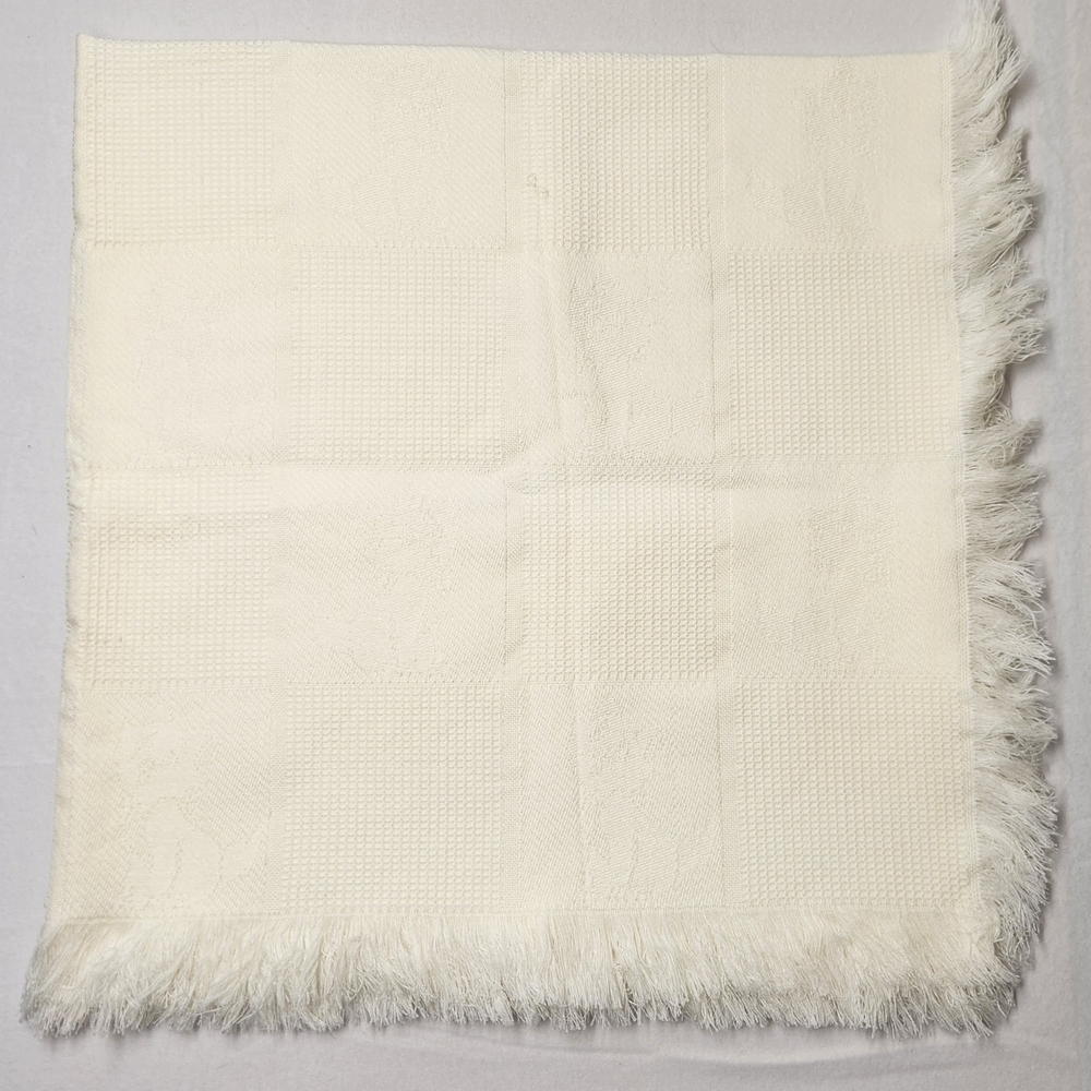 Vintage Ivory Waffle Knit Baby Blanket - Woven Cat Motif & Soft Fringe Throw